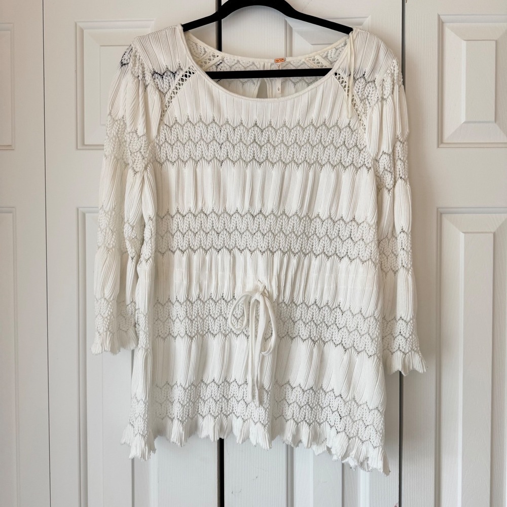 Free People White Pointelle Lace Pleated Drawstring Waist Keyhole Back Tunic L